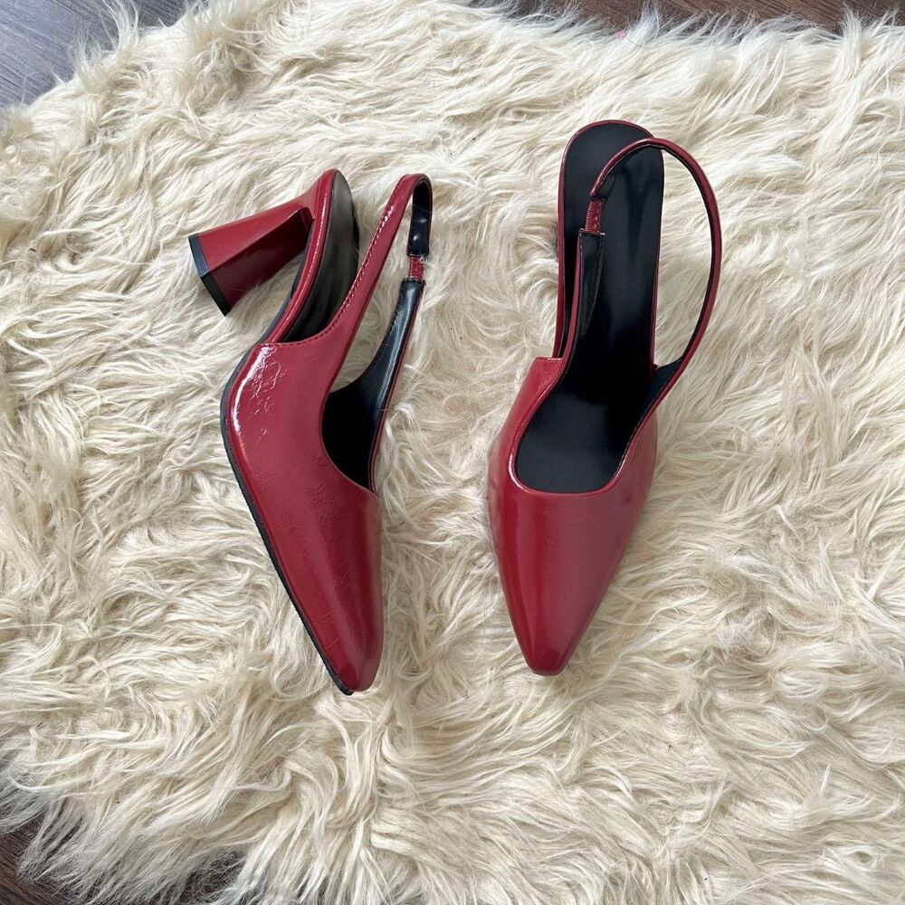 Cherry Red Faux Pantent Block Heel Sling Back Pointy Heels EU 40 / US 9